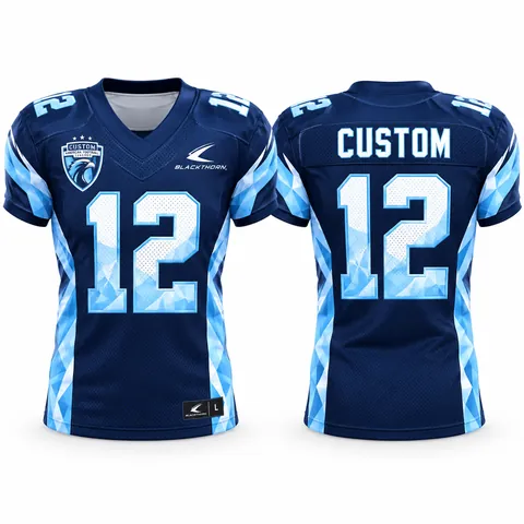 Custom sublimated American football gridiron jersey, navy and ice blue — front and back