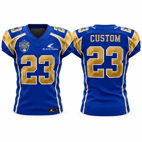 Custom sublimated American football gridiron jersey, royal blue and gold — front and back