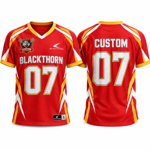 Custom sublimated lacrosse jersey, red and gold, short-sleeve — front and back