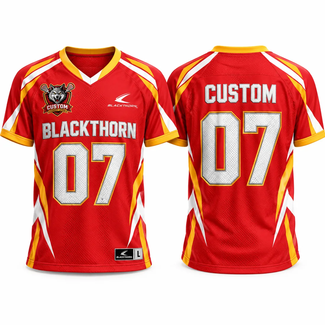 Custom sublimated lacrosse jersey, red and gold, short-sleeve — front and back