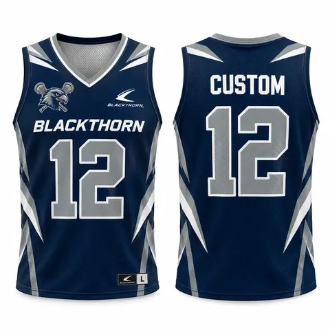 Custom sublimated lacrosse jersey, navy and silver, sleeveless — front and back