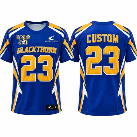 Custom sublimated lacrosse jersey, royal blue and gold, short-sleeve — front and back