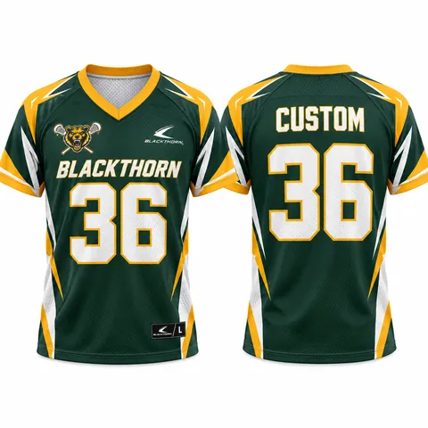 Custom sublimated lacrosse jersey, green and gold, short-sleeve — front and back