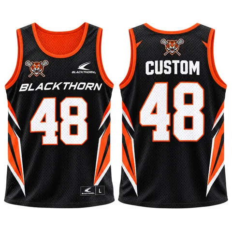 Custom sublimated lacrosse jersey, black and orange, sleeveless — front and back