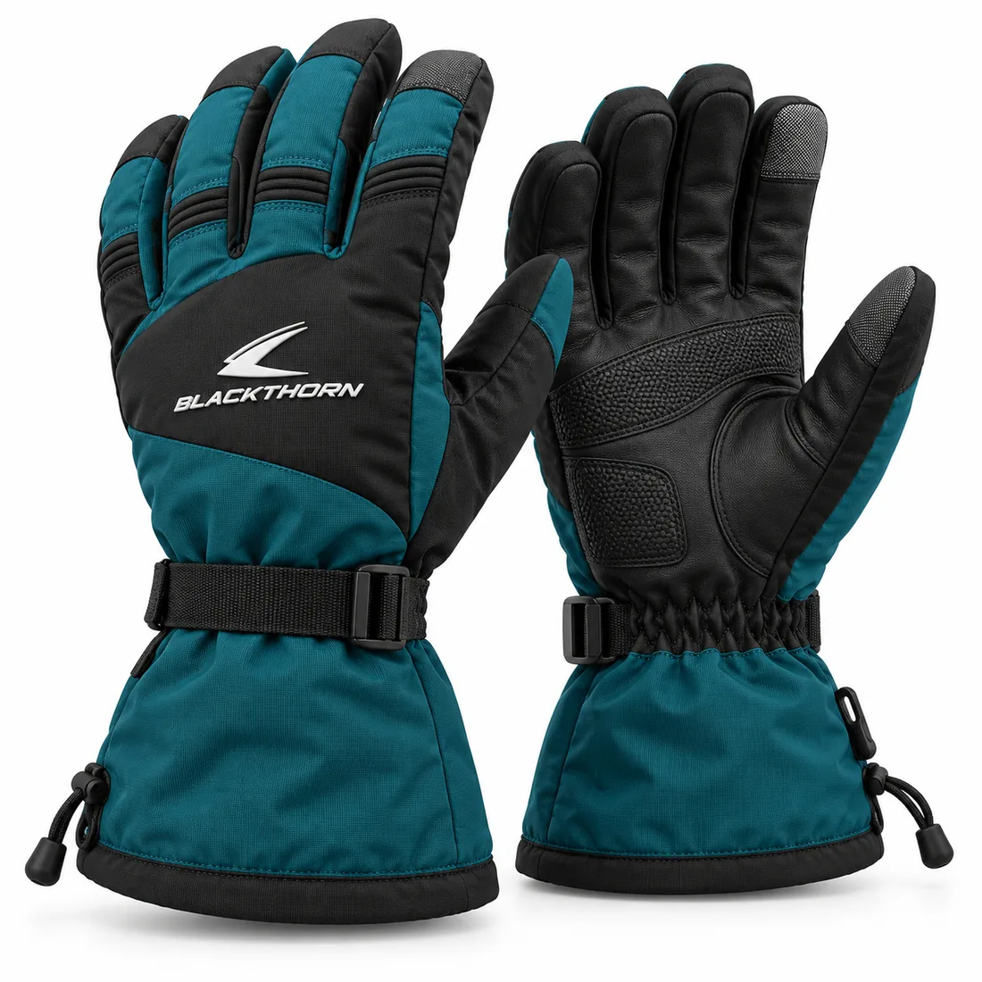 Waterproof Ski Gloves — custom insulated gauntlet ski gloves in teal and black, made to order by Blackthorn World