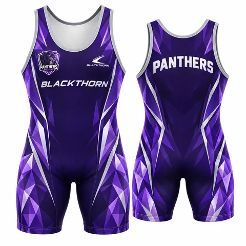 Purple Prism custom sublimated wrestling singlet, purple and silver, shown as the Panthers — front and back