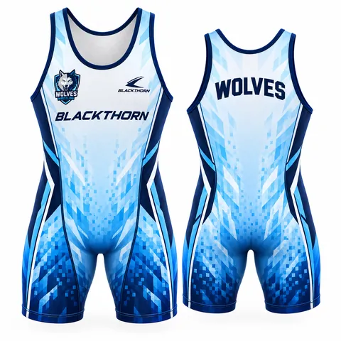 Arctic Digital custom sublimated wrestling singlet, ice blue and navy, shown as the Wolves — front and back