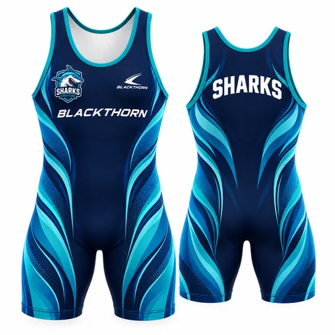 Teal Wave custom sublimated wrestling singlet, navy and teal, shown as the Sharks — front and back
