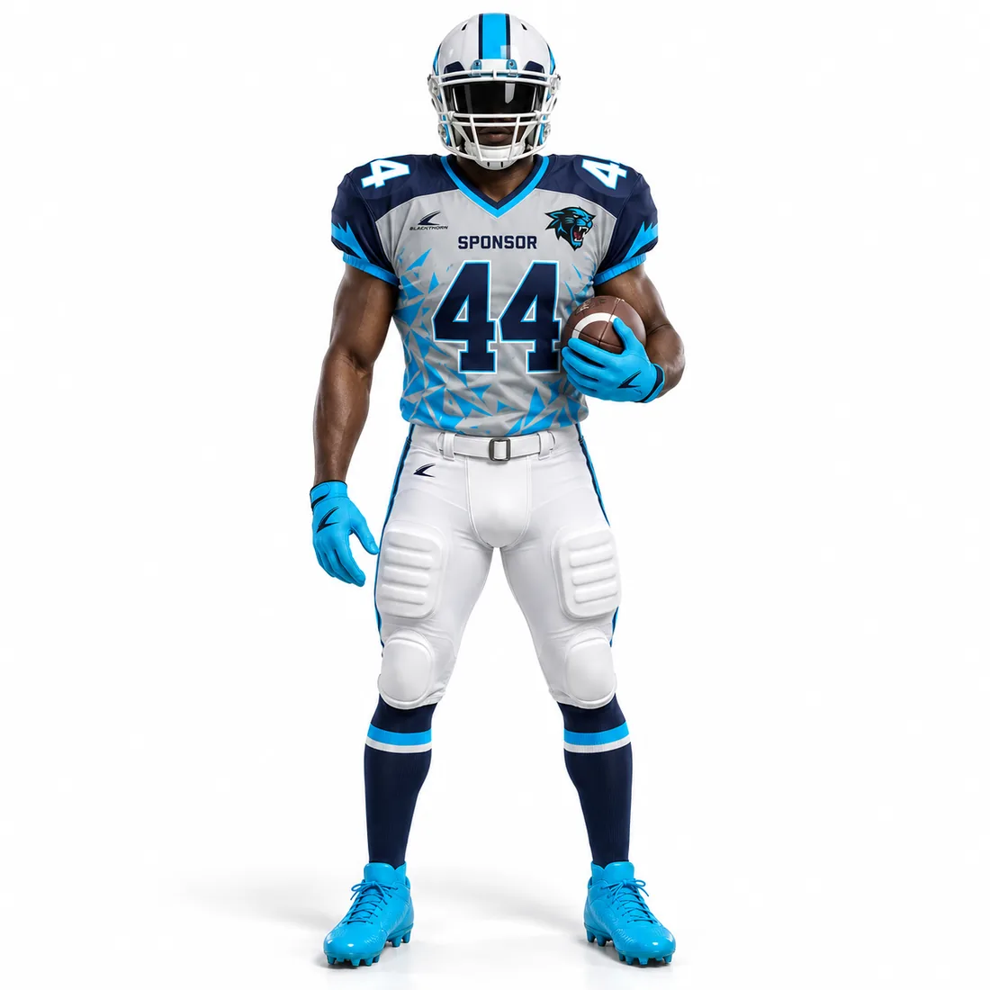 Cyber Claw American Football Uniform — silver-grey / cyan / navy custom American football uniform made to order by Blackthorn World