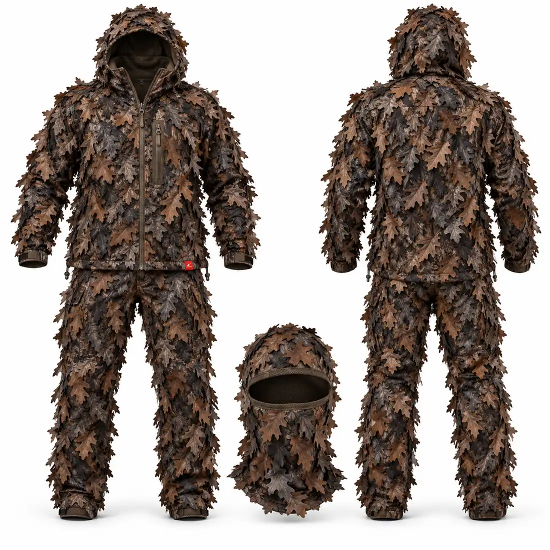 Dark brown timber 3D leafy suit with dense leaf hood and face mask for predator contests