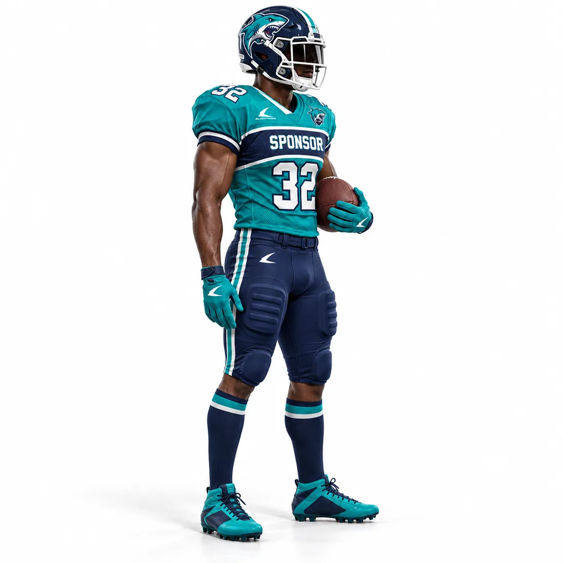 Deepwater American Football Uniform — teal / navy / white custom American football uniform made to order by Blackthorn World