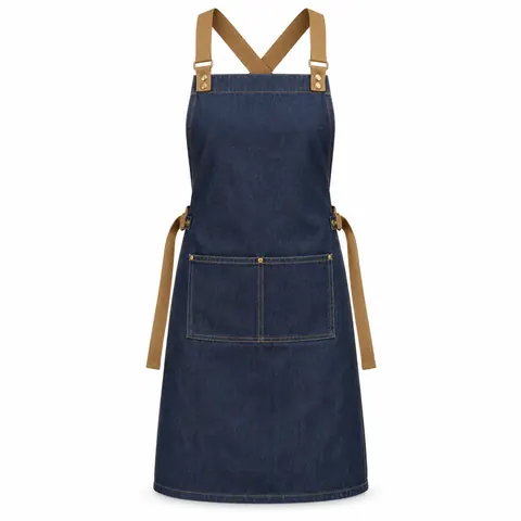 Denim Cross-Back Apron with Tan Straps — wholesale aprons by Blackthorn World