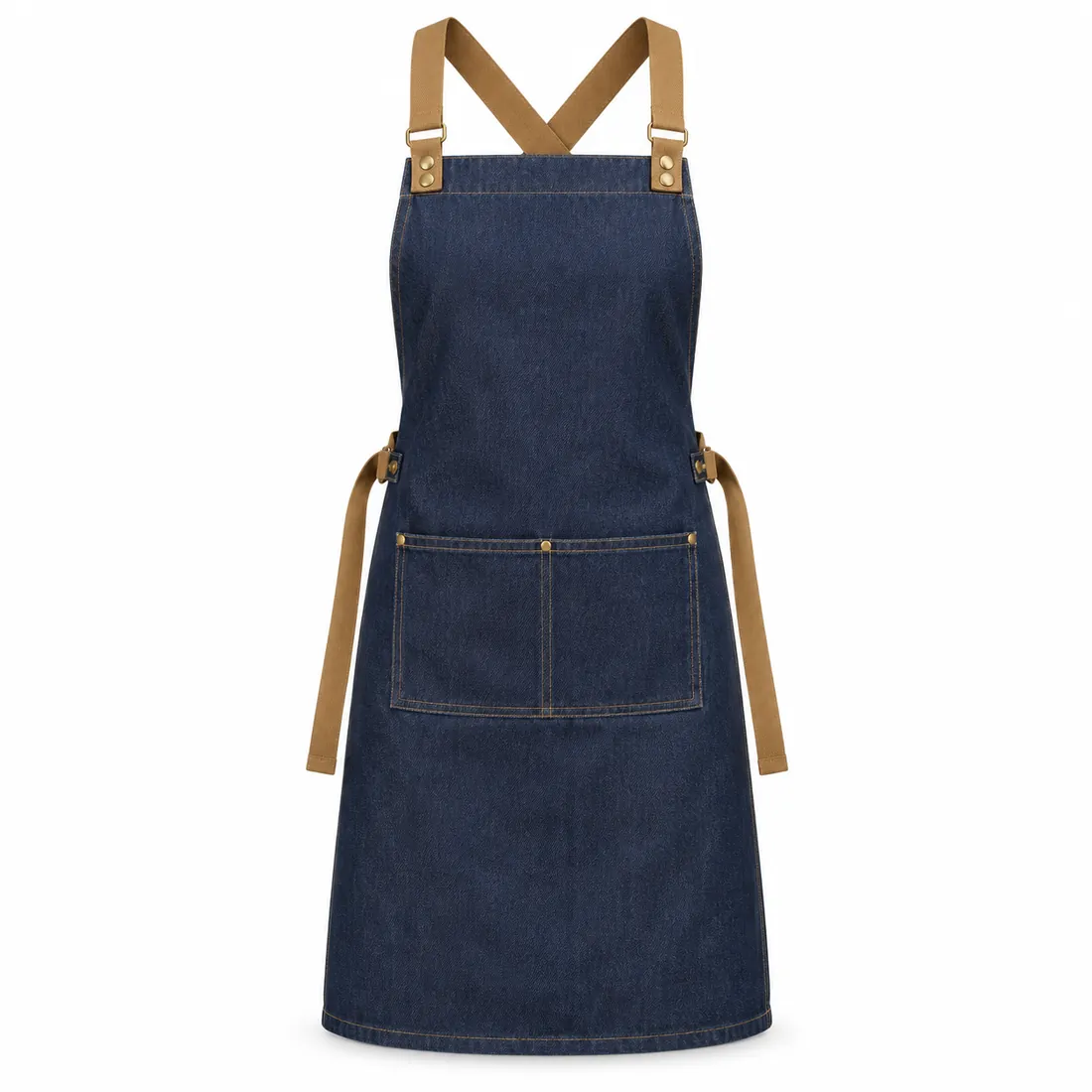 Indigo denim cross-back apron with tan straps and pockets, wholesale by Blackthorn World