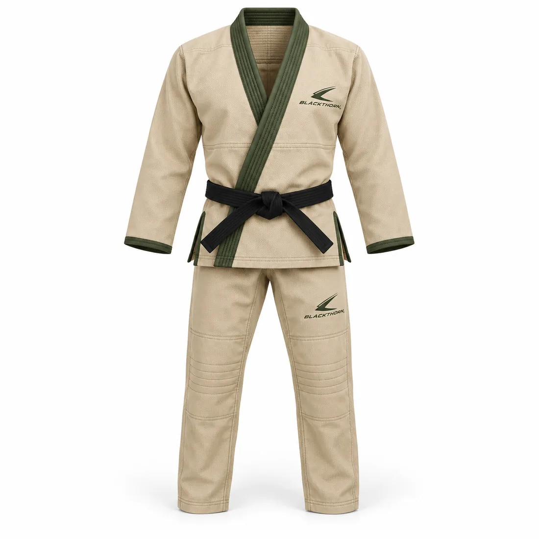 Sand khaki BJJ gi with olive-green lapel and trim, Desert Olive private label gi, front view
