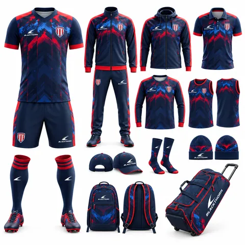 Digital Apex custom soccer team package in navy and red: match kit, tracksuit, jackets, polo, training wear, cap, beanie, backpack and kit bag