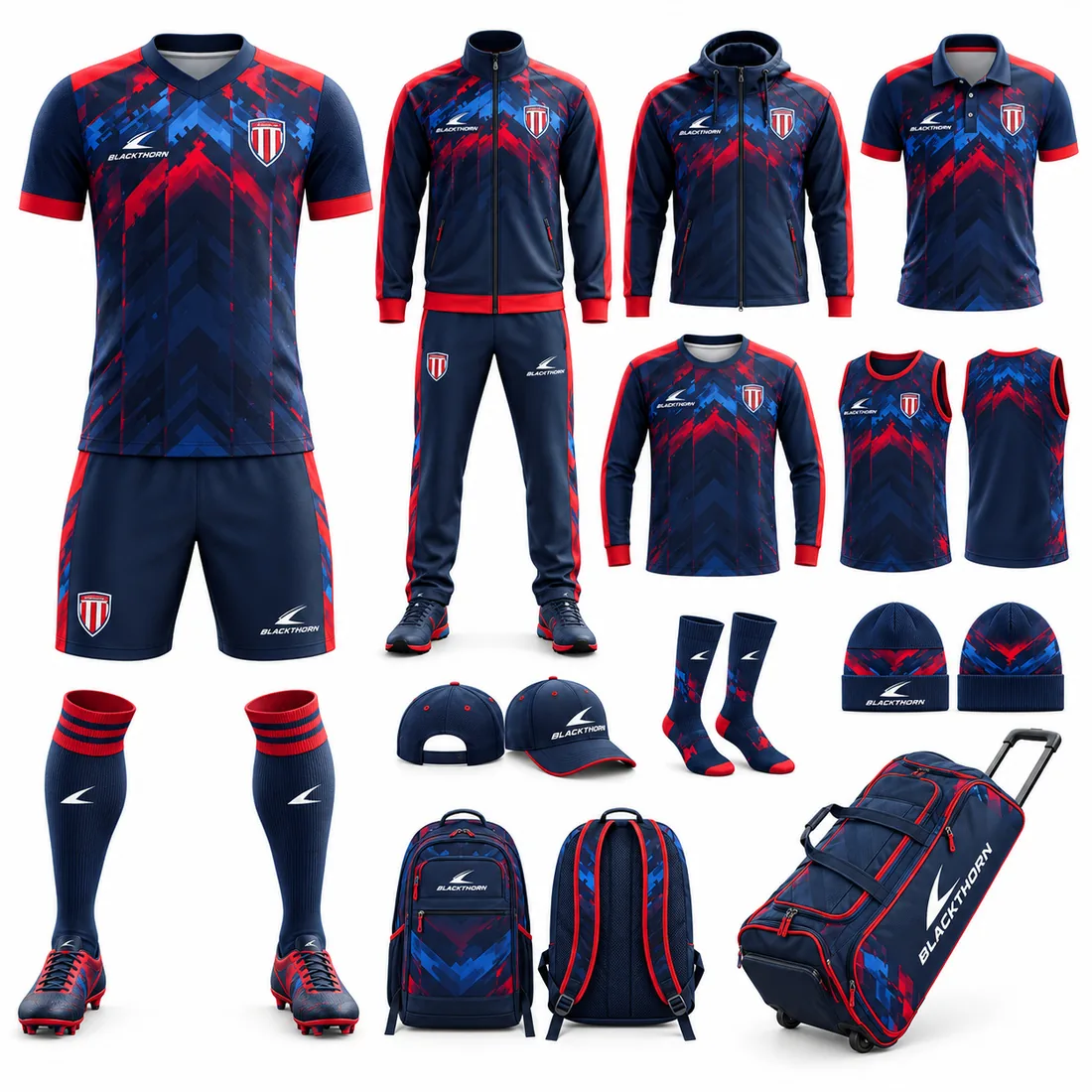 Digital Apex custom soccer team package in navy and red: match kit, tracksuit, jackets, polo, training wear, cap, beanie, backpack and kit bag