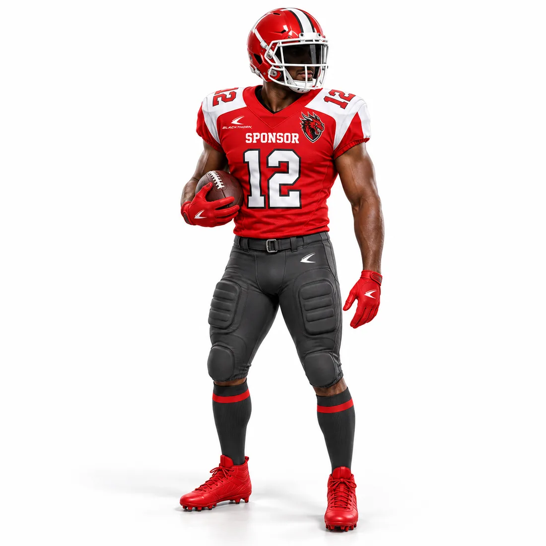 Dragonfire American Football Uniform — scarlet red / charcoal / white custom American football uniform made to order by Blackthorn World