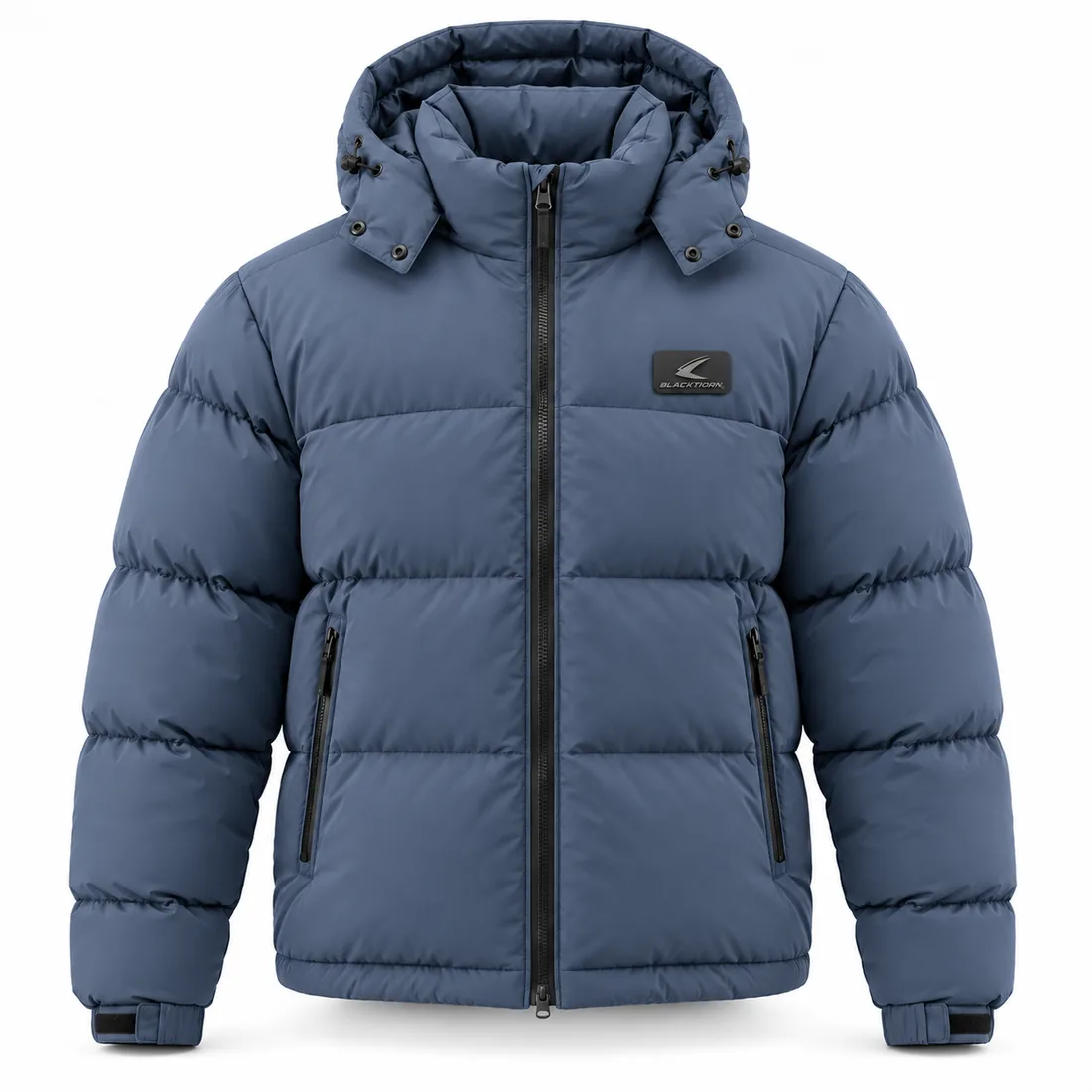Dusty-blue hooded puffer jacket with tonal moulded TPR badge and matching zip, front view
