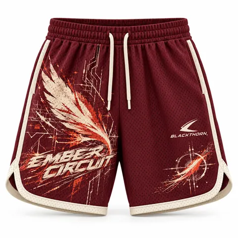 Ember Circuit Burgundy Mesh Basketball Shorts — Streetwear shorts by Blackthorn World