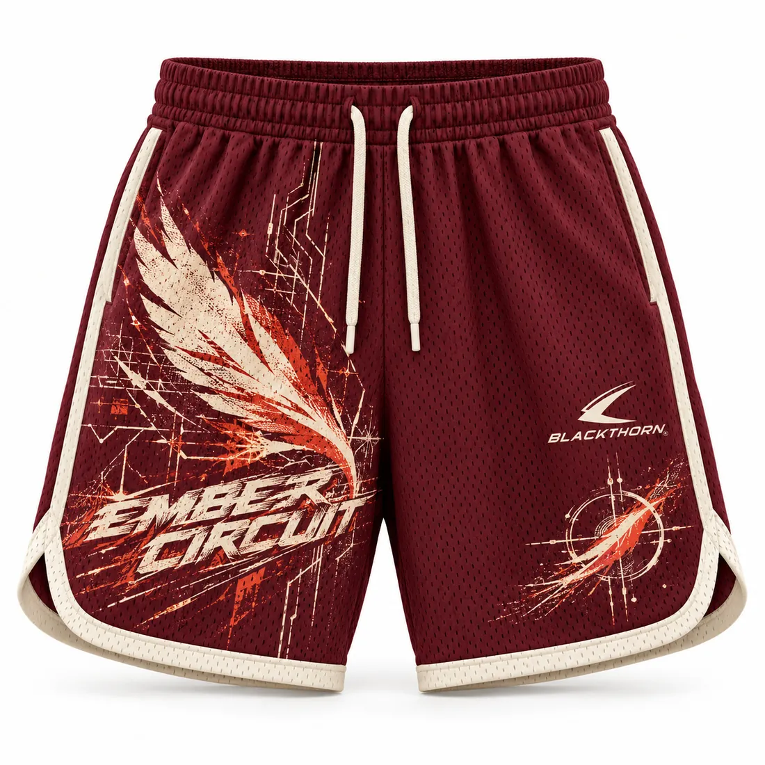 Ember Circuit Burgundy Mesh Basketball Shorts — streetwear shorts by Blackthorn World