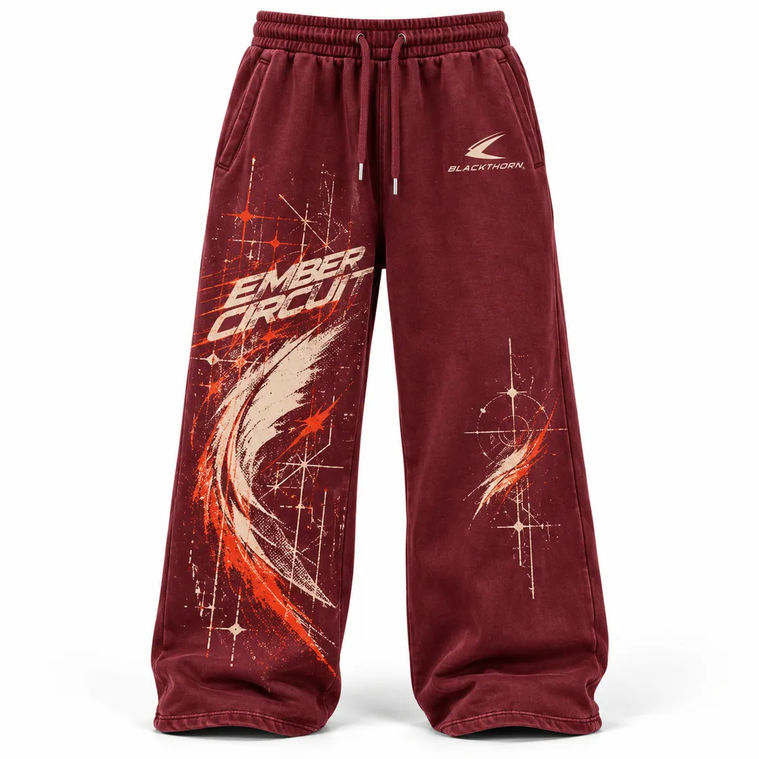 Ember Circuit Burgundy Open-Hem Fleece Pants — sweatpants, cargo & denim trousers by Blackthorn World