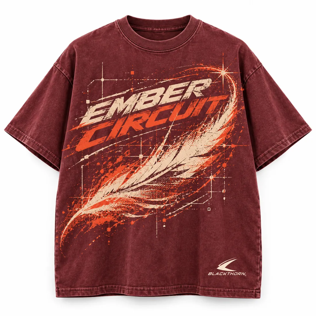 Ember Circuit Faded Burgundy Boxy Tee — graphic t-shirts by Blackthorn World
