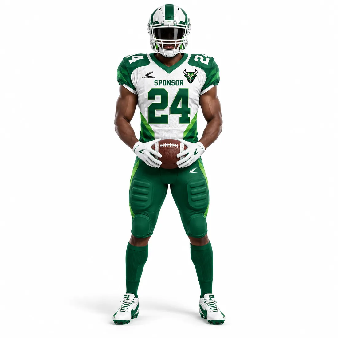 Emerald Charge American Football Uniform — white / green custom American football uniform made to order by Blackthorn World