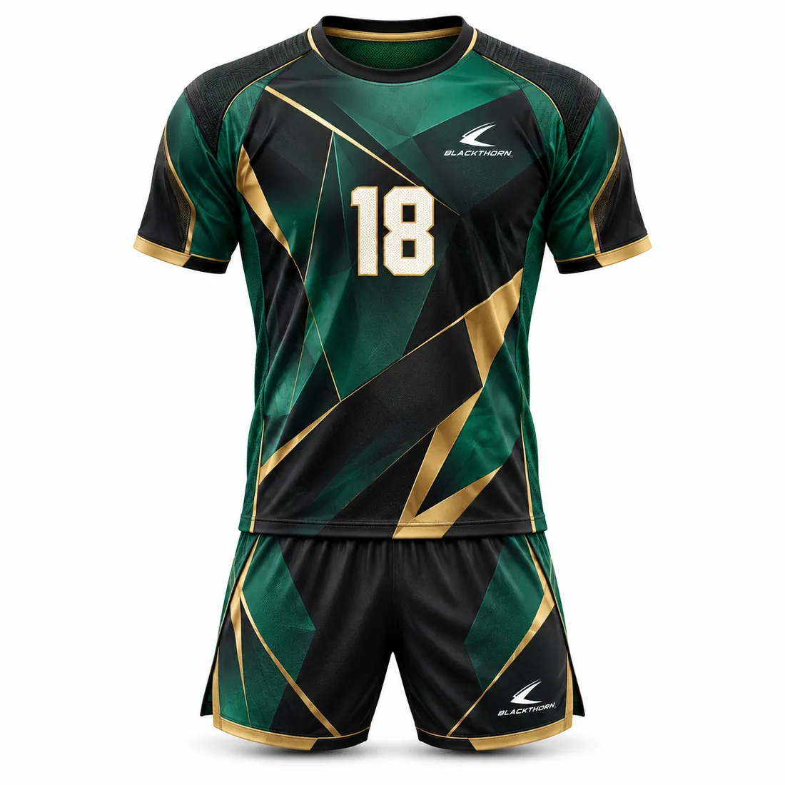 Emerald green and black faceted handball jersey and shorts with gold lines and number 18, private label handball kit