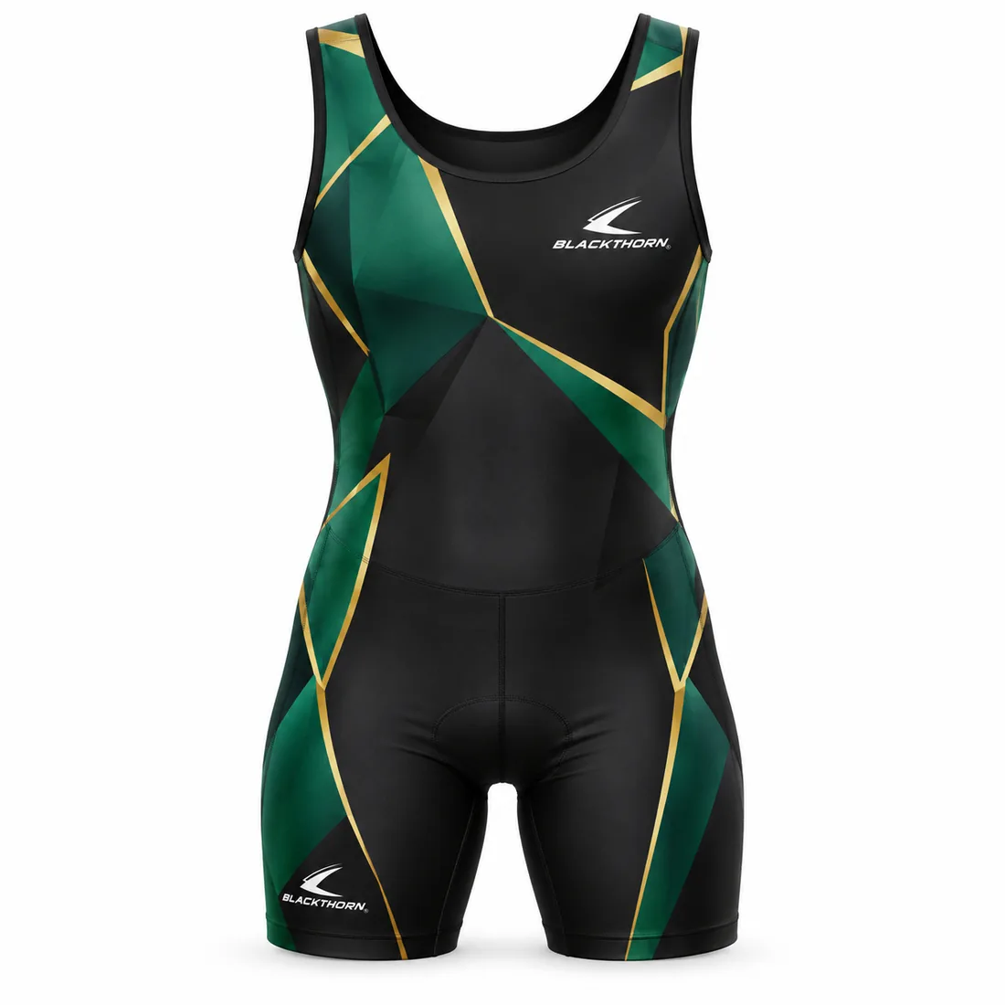 Emerald green and black faceted rowing unisuit with gold lines, sleeveless private label rowing suit
