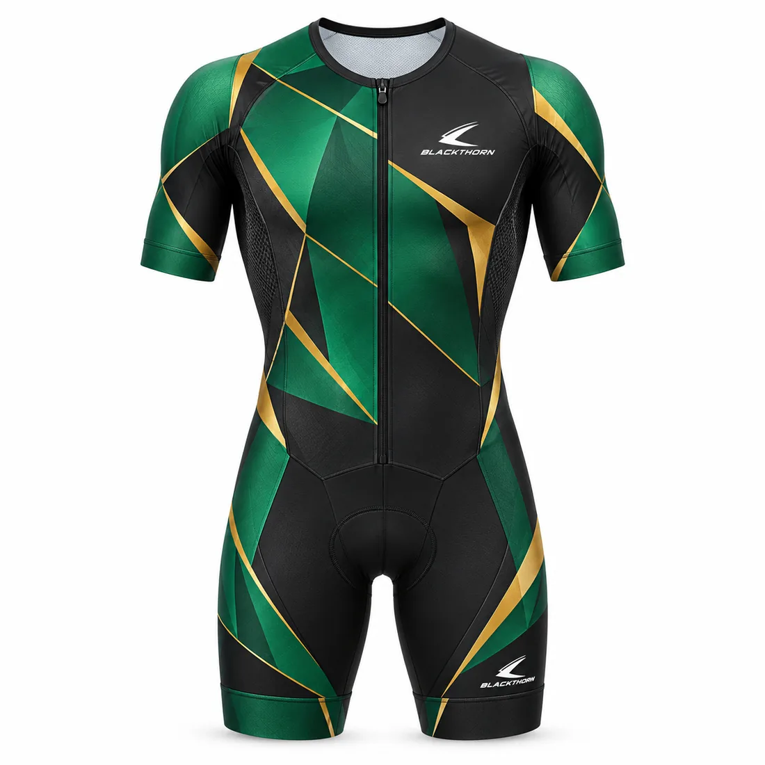 Emerald green and black facet short-sleeve triathlon suit with gold lines and front zip