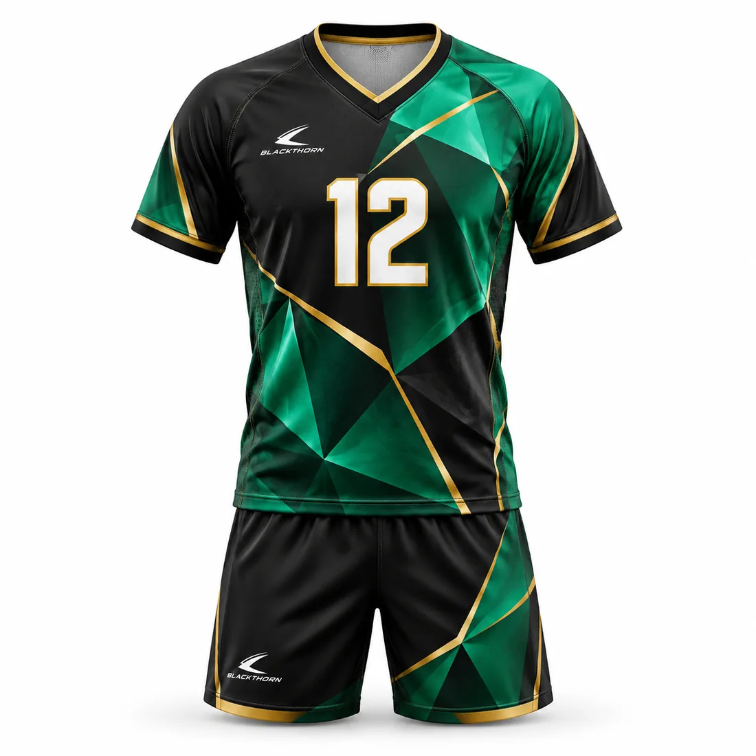 Emerald green and black faceted V-neck volleyball jersey and shorts with gold lines and number 12, private label set