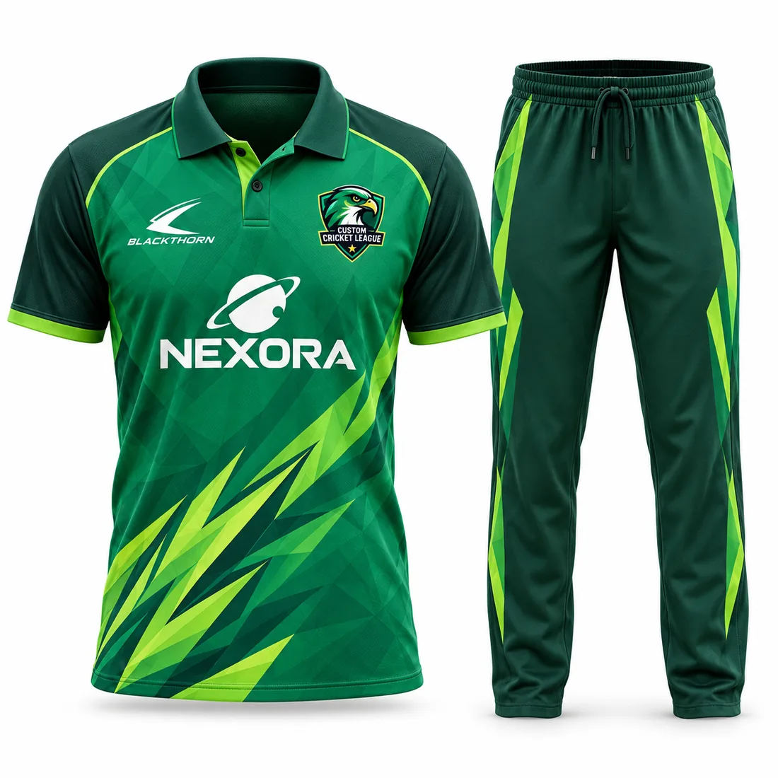 Emerald Falcon T20 Cricket Kit: custom cricket shirt and trousers, green and lime, with club crest and sponsor