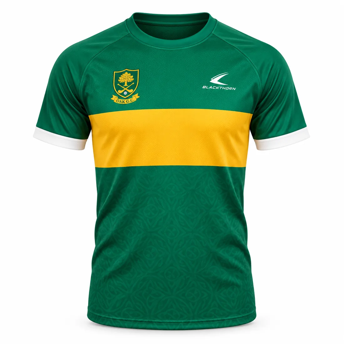 Emerald Gold Band custom sublimated GAA jersey, green and gold — front view