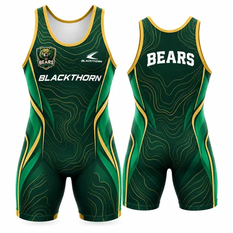 Emerald Topographic custom sublimated wrestling singlet, forest green and gold, shown as the Bears — front and back