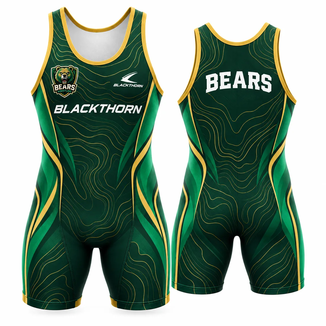 Emerald Topographic custom sublimated wrestling singlet, forest green and gold, shown as the Bears — front and back