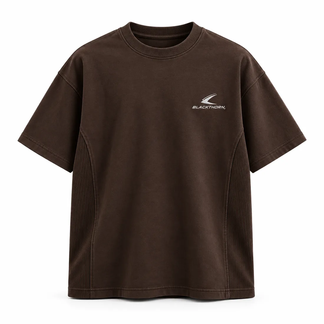 Espresso-brown boxy gym merch T-shirt with curved side panels and chest logo, front view