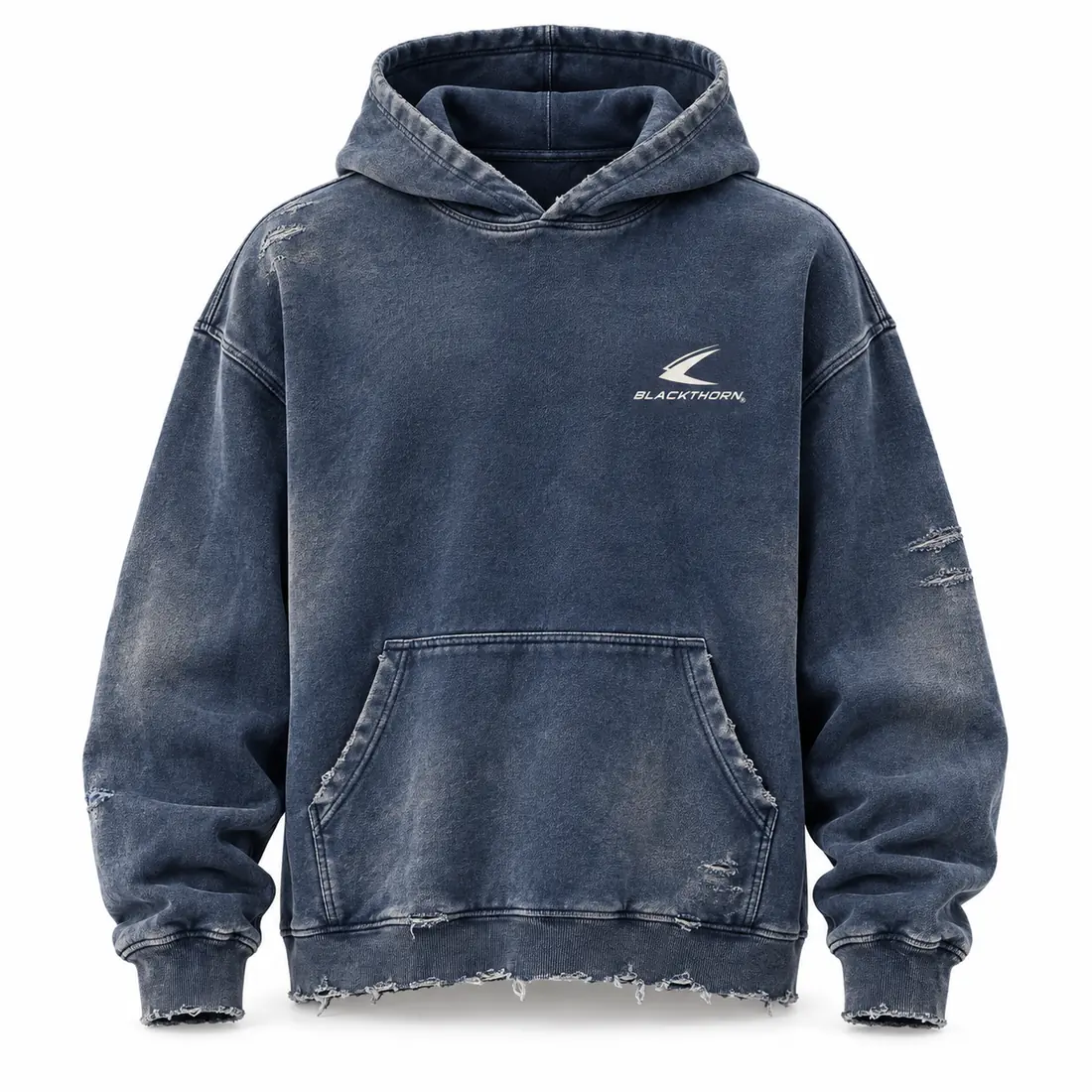 Faded indigo distressed pullover hoodie with frayed hem and cuffs and small chest logo