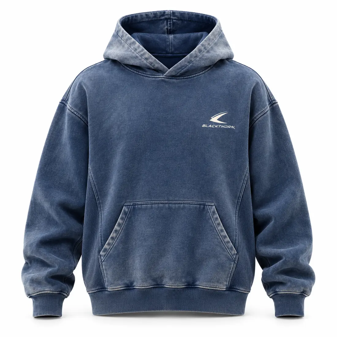 Faded indigo-blue sun-faded pullover hoodie with lighter faded seams, front view