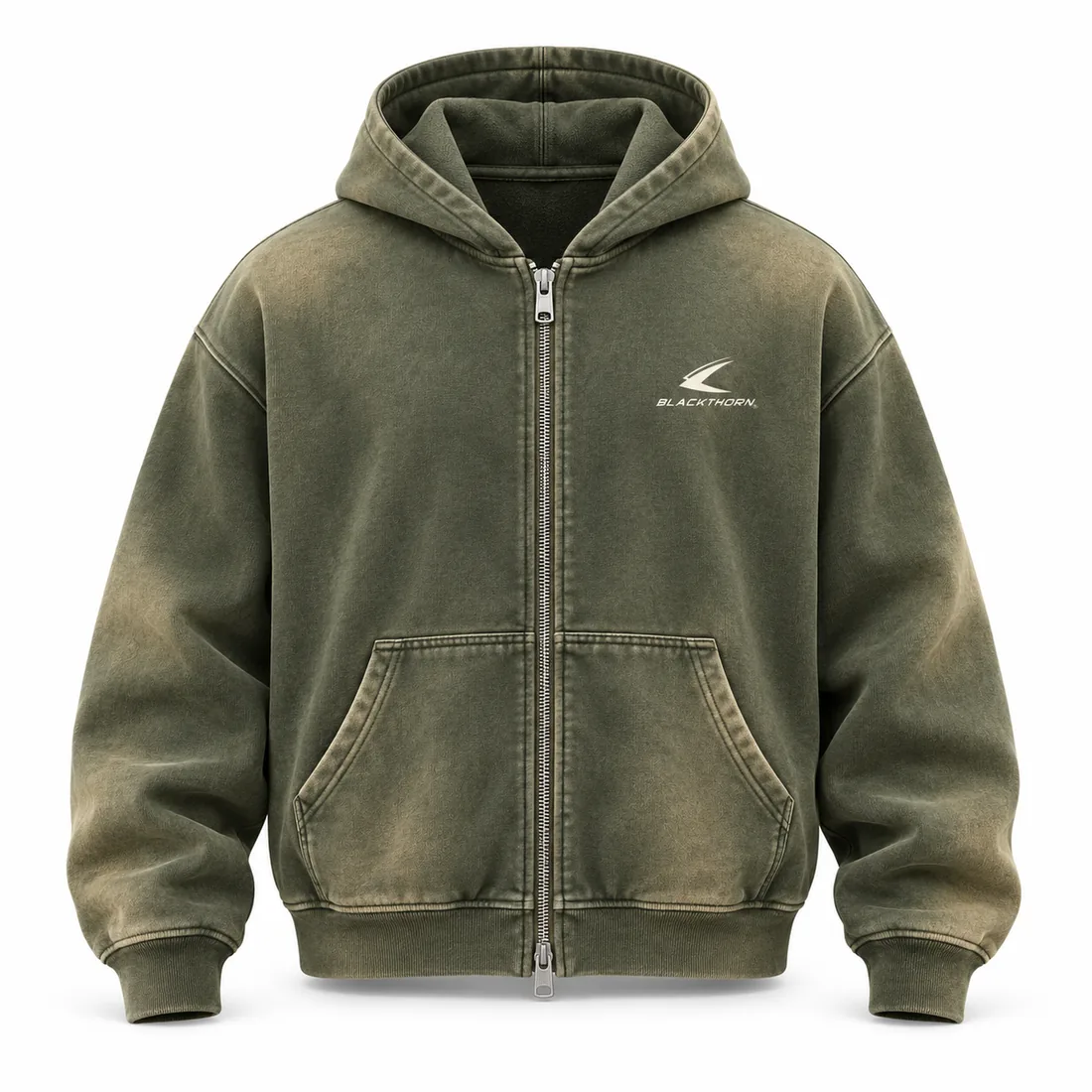Faded olive sun-faded full-zip hoodie with lighter faded edges, front view