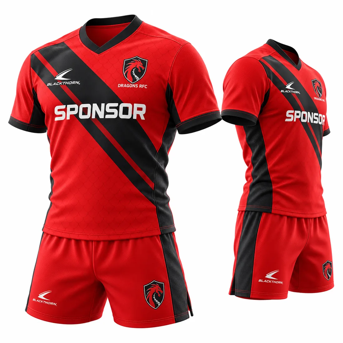 Firebrand Sash Rugby Kit — scarlet red / black custom rugby kit made to order by Blackthorn World
