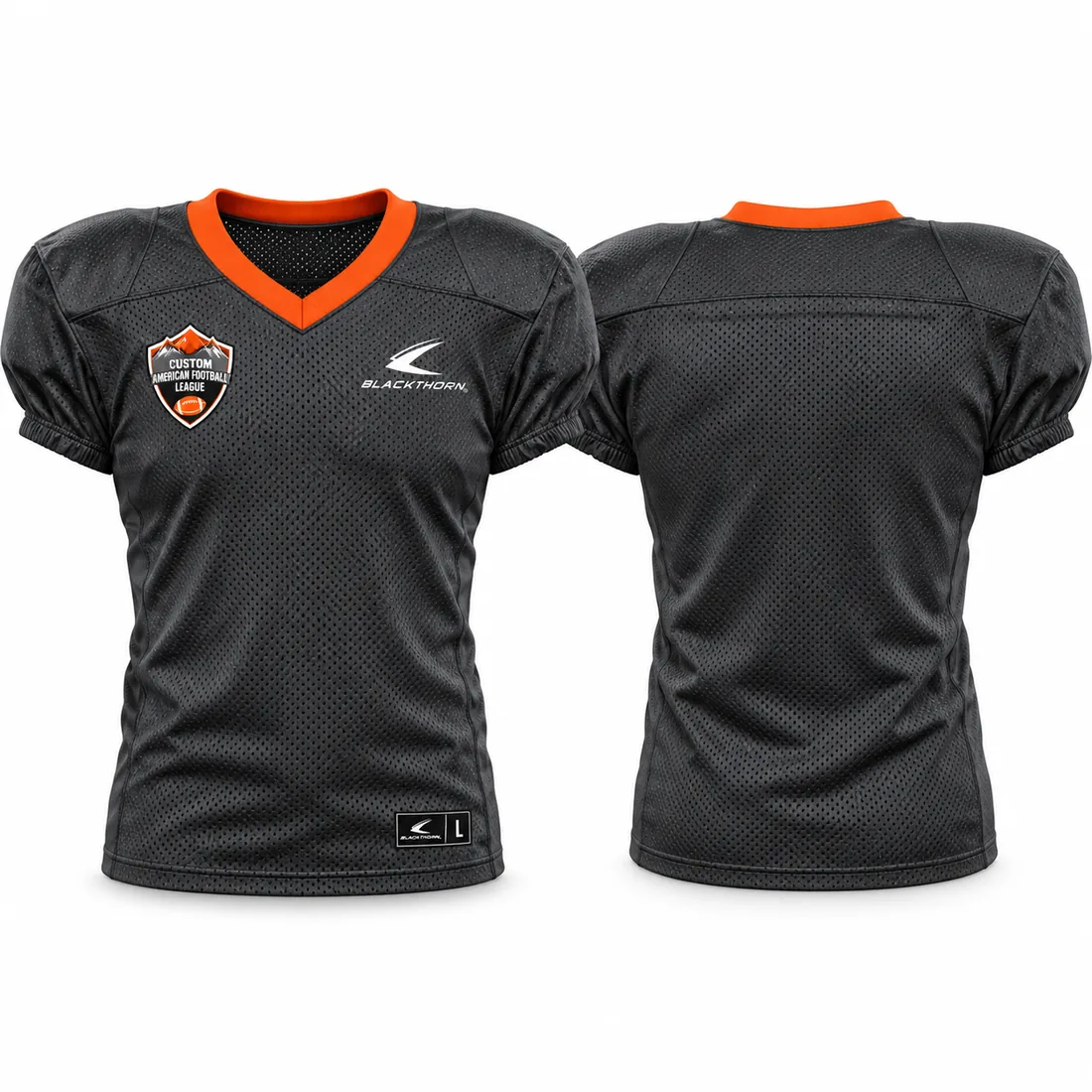 Custom mesh football practice jersey, charcoal and orange — front and back