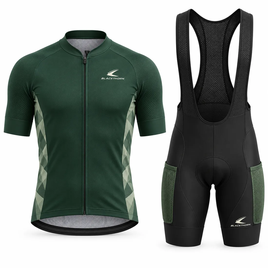 Forest-green cycling jersey with sage argyle side panels and black bib shorts with green panels