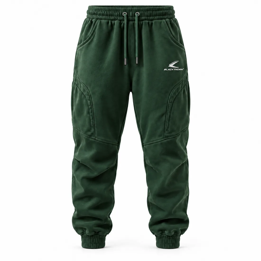 Forest-green cuffed embroidered joggers with panelled knees, front view