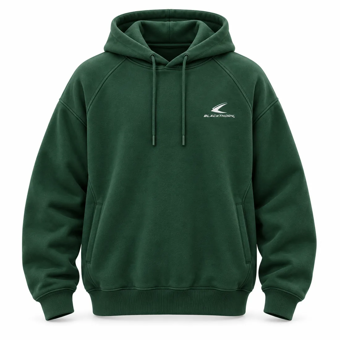 Forest-green heavyweight raglan-sleeve pullover hoodie, front view