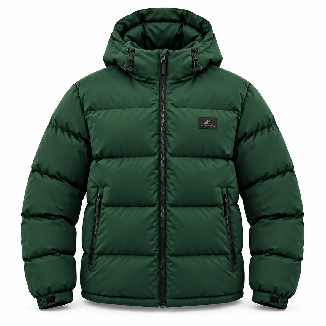 Forest-green hooded puffer jacket with padded hood, storm flap and TPR badge, front view