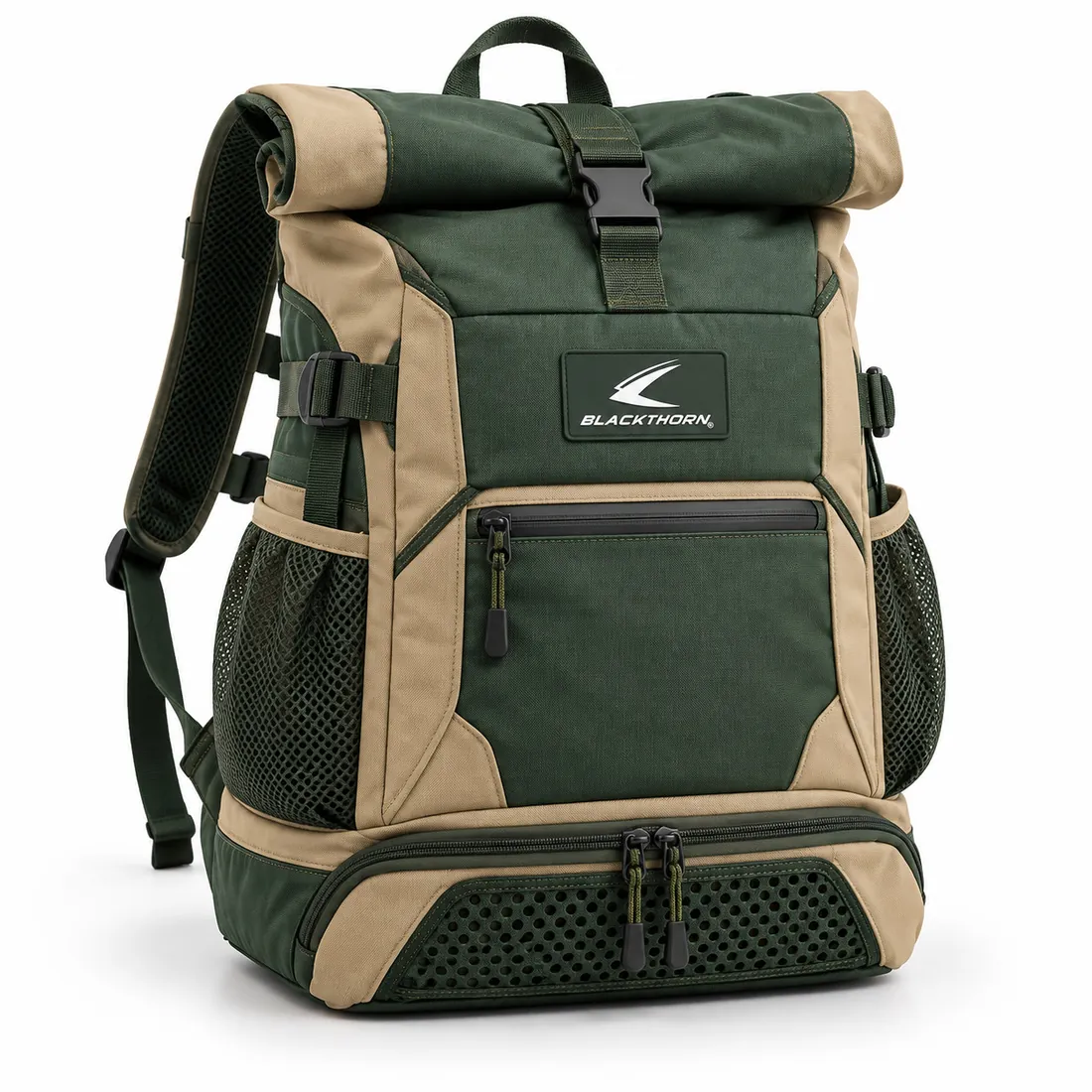 Forest green roll-top backpack with sand side panels, buckle strap, front zip pocket, logo patch and vented base