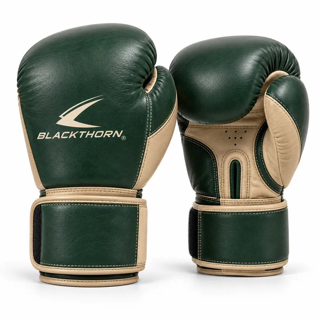 Pair of forest green boxing gloves with sand khaki palm, thumb side and cuff trim