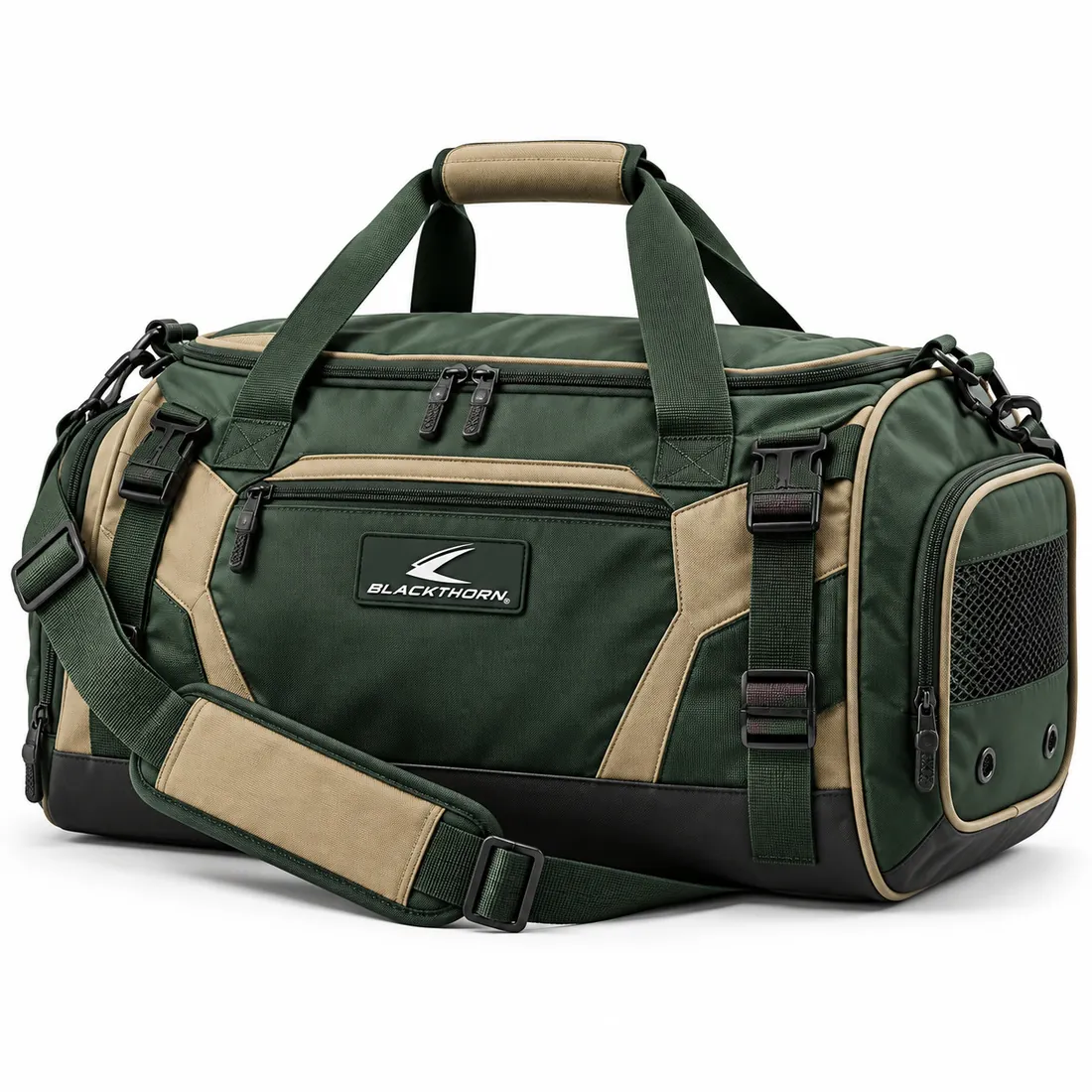 Forest green tactical gym duffle bag with sand panels, sand strap pad and handle wrap, logo patch and mesh end pocket