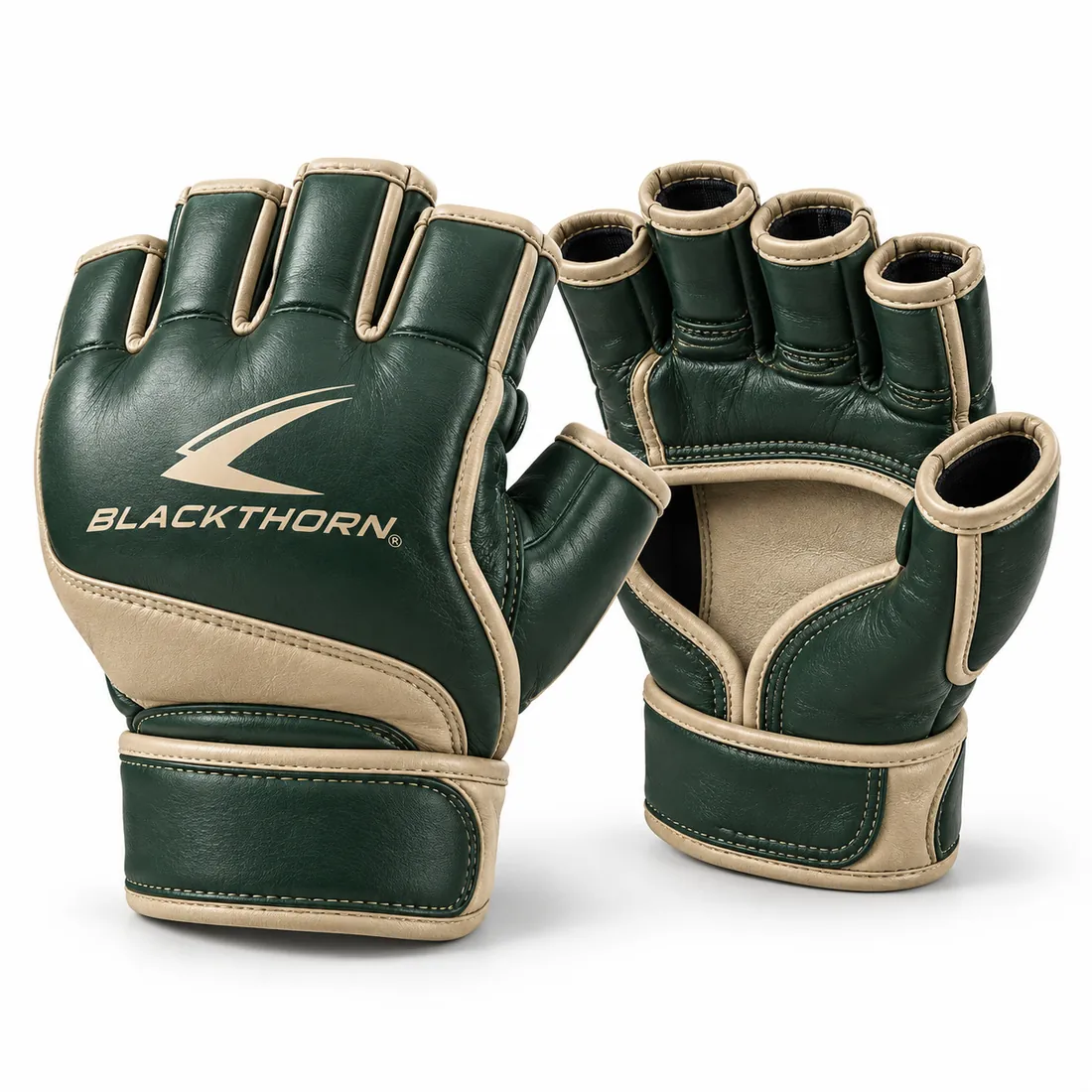Forest green grappling gloves with sand contour panels and piping, open palms, free thumbs and Blackthorn logo on backhand