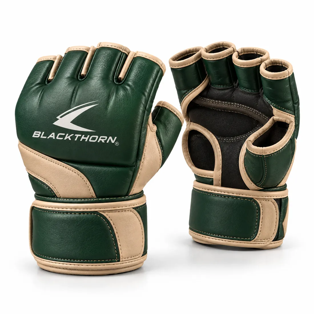 Forest green MMA gloves with sand piping and side panels, open palm, padded knuckles and white Blackthorn logo on backhand
